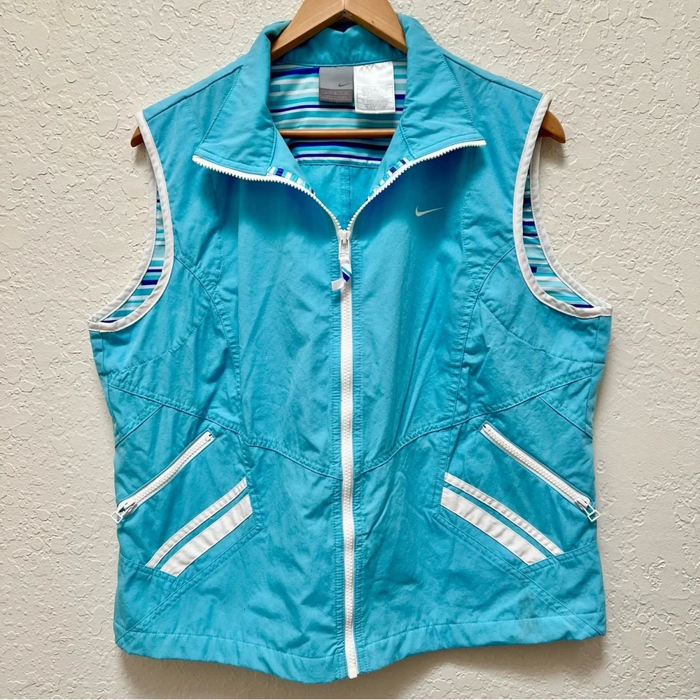 VTG Nike Womens Vest Full Zip Sleeveless Blue White Athletic Activewear Golf Y2K